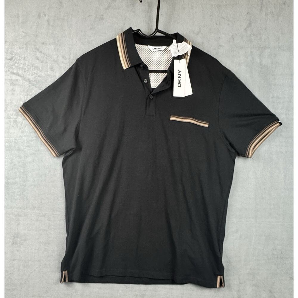 Men's DKNY Textured Black Polo With White Trim & Logo, Short Sleeve, XL, NWT